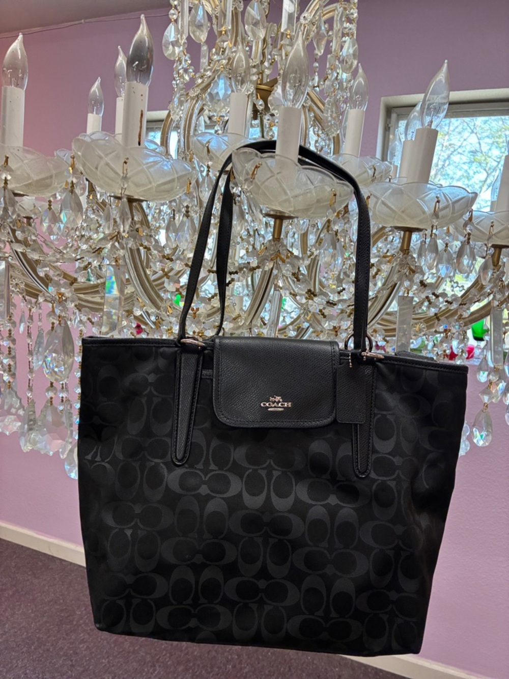 Coach Black Signature Tote with Pebbled Trim